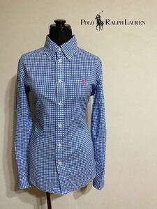 【美品】Polo Ralph Lauren ポロ ラルフローレン レディース ボタンダウン ギンガムチェック柄 シャツ トップス サイズ4 半袖 160/88A 水白