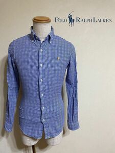 【良品】 Polo Ralph Lauren ポロ ラルフローレン ボタンダウン シャツ ギンガムチェック 裏地付き トップス サイズXS 長袖 165/88A 青白