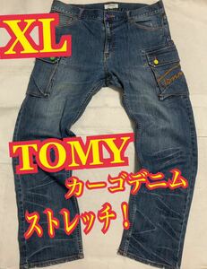 TOMY トミー　カーゴパンツ　デニム　ジーンズ　ストレッチ　刺繍ロゴ　インディゴ　XL