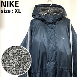 NIKE ナイキ ワンポイント刺繍ロゴ 裏ボア ベンチコート XL 紺 ネイビー ジャケット ブルゾン ロングコート ジャンパー 厚手 肉厚
