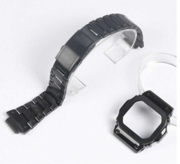 G-SHOCK用 互換性 DW-5600 対応 カスタム 黒メタルケース+バンド 腕時計交換ベルト プッシュ式 ステンレスベルト 
