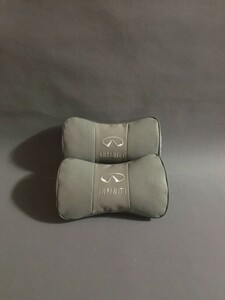 新品 インフィニティ INFINITI ネックパッド ヘッドレスト 首枕 車載 2個セット 本革レザー グレー カーアクセサリ 刺繍