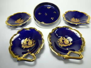 京都6☆sevres セーブル 王者の青 小皿×1/ LIMOGES リモージュ ティーバッグホルダー×4 計5点