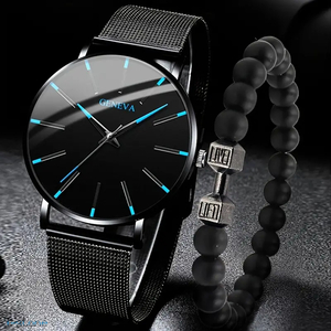 腕時計 ブレスレットセットメンズ フォーマル 就活アイテム ビジネスシーン カジュアル クール アナログ 超薄型 ステンレス ブラックブルー