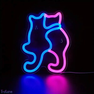 ネオンサイン 仲良し猫ちゃん肩を組む LED看板 癒し かわいい お洒落 インテリア 電飾ディスプレイ 室内装飾 壁掛け 照明 雰囲気作り