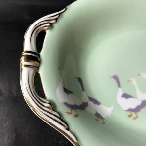 アンティーク オールドノリタケ ハンドペイイント 楕円皿 プレート皿 ペパーミント色に可愛いアヒルの行列 レトロ雑貨の画像3