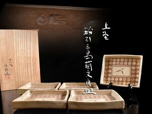 【雲】某コレクター買取品 十六代 保興 上野 粉引三島蘭文角皿 5客 共箱 古美術品(銘々皿料理懐石道具) CA7441 LTDskgh