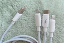 【3 in1 USB 1m 66w マカロン色】充電専用ケーブル type c iphone lightning microUSB 大電流 １本　急速充電　同時充電 ナイロンコード_画像3