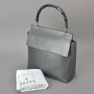 外観良好 GUCCI グッチ バンブー ハンドバッグ トートバッグ レザー シルバー ブラック 001 1118 1886 ウッドハンドル 鞄 Mk.e/a.d