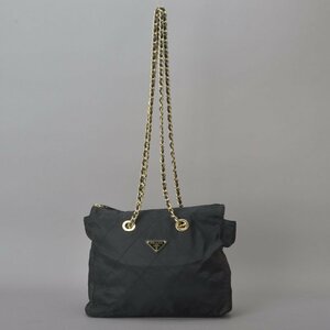 1円 PRADA プラダ チェーン ショルダーバッグ ナイロン ブラック ゴールド金具 B1239 三角プレート ステッチ キルティング 鞄 Mb.g