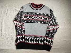 KARL LAGERFELD knit sweater wool カールラガーフェルド ニット セーター ノルディック ウール 長袖 XL グレー ブラック レッド △2