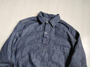 美品 Nigel Cabourn ナイジェルケボーン NAVAL SHIRT C/L DENIM ナバル シャツ プルオーバー シャツ リネン コットン インディゴ 50 △2