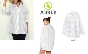  новый товар! AIGLE ( Aigle )linen хлопок полоса длинный рукав тянуть over рубашка . вода скорость . уличный 