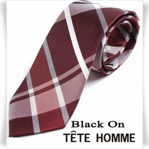 新品1円～★Black On TETE HOMME テットオム シルク絹100％ ネクタイ チェック ボルドー 正規店本物◆2969◆