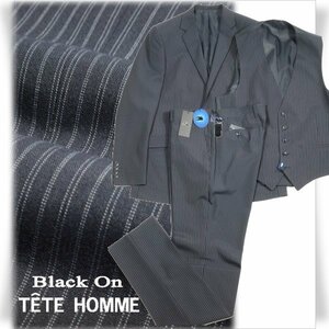 新品1円～★定価6万 Black On TETE HOMME テットオム ウール毛 スリーピーススーツ 94A6 ノータック ストライプ ネイビー ◆3100◆