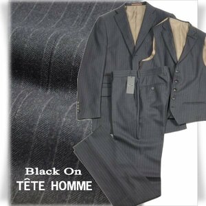 新品1円～★定価6万 Black On TETE HOMME テットオム ウール毛 スリーピーススーツ 94Y6 ノータック ストライプ ダークグレー ◆3094◆