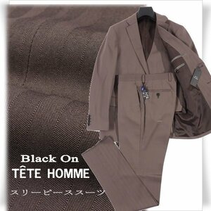 新品1円～★定価4.2万 Black On TETE HOMME テットオム ストレッチ スリーピーススーツ 98AB6 ノータック ストライプ ブラウン系◆3282◆