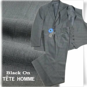 新品1円～★定価6万 Black On TETE HOMME テットオム ウール毛 スリーピーススーツ 96AB5 ノータック チェック グレー ◆3962◆