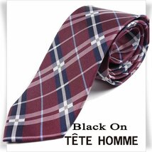 新品1円～★Black On TETE HOMME テットオム シルク絹100％ ネクタイ チェック ボルドー 正規店本物◆3937◆_画像1