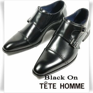 新品1円～★Black On TETE HOMME テットオム 牛革レザー ビジネスシューズ 25.5cm 本革 ブラック ダブルモンクストラップ 黒 ◆4020◆