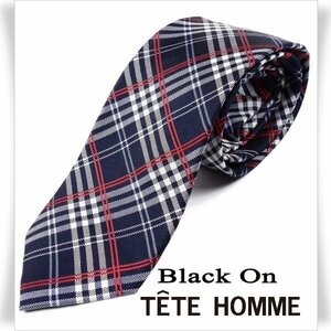 新品1円～★Black On TETE HOMME テットオム シルク絹100％ ネクタイ チェック ネイビー 正規店本物◆4444◆