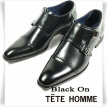 新品1円～★Black On TETE HOMME テットオム 牛革レザー ビジネスシューズ 25.5cm 本革 ブラック ダブルモンクストラップ 黒 ◆4515◆_画像1