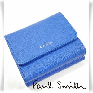 未使用1円～★ポールスミス Paul Smith 牛革 本革レザー がま口三つ折り財布 ウォレット スミシ―ハート2 ブルー本物 ◆4963◆