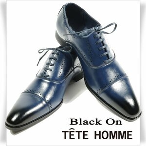 新品1円～★Black On TETE HOMME テットオム 牛革レザー ビジネスシューズ 26.5cm 本革 ネイビー レースアップ ストレート◆5202◆