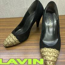 靴 ◆ ランバン ◆ ヒール パンプス 22cm BLACK x ゴールド レザー ◆ LANVIN ◆ レディース シューズ_画像1