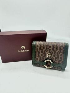 美品　AIGNER アイグナー　三つ折りミニウォレット　本革　ブラック×グリーン