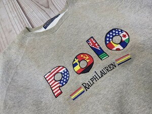 16．90s ラルフローレン 国旗 フロントロゴデザイン スウェットトレーナー メンズＬ グレーマルチカラーx709