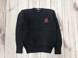 6．90s ラルフローレン Ralph Lauren エンブレムロゴ しっかり生地 ウールニットセーター メンズM 黒y903