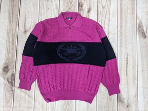 15．日本製 90s HARDY AMIES SPORT エンブレム クラウン 編込み エンボス ウールニット ポロシャツ セーター メンズ５マゼンタネイビーy904