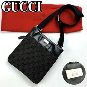 【美品】GUCCI グッチ GGキャンバス ショルダーバッグ サコッシュ ポシェット シルバー金具 ロゴ型押し 男女兼用 フォーマル レザー 茶色