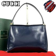 極美品 GUCCI グッチ ハンドバッグ ワンショルダー ターンロック クレストロゴ ゴールド金具 フォーマル 男女兼用 肩掛け カーフレザー 紺_画像1