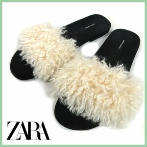 ≡★ZARA BASIC(ザラベーシック)◆ファーサンダル◆オフホワイト×ブラック◆サイズ37(24.0cm)◆レディースフラットサンダル