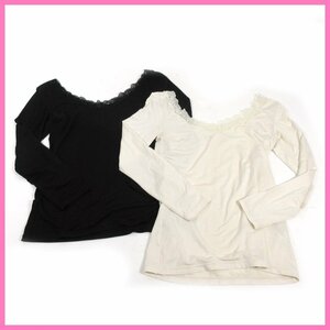 ●♪UNIQLO(ユニクロ)◆レディース◆ヒートテックバレエネックT（レース・8分袖）Mサイズ◆２点セット◆ブラック＆ナチュラル◆