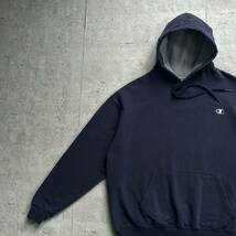 champion チャンピオン ヘビーオンス ワンポイントロゴ プルオーバー パーカー ネイビー XL シルバーロゴ_画像1