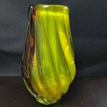 未使用■昭和レトロ 花瓶 高さ26cm■IWATA GLASS　岩田ガラス■art glass グラデーション 緑黄茶　ビンテージ_画像2