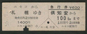 D型乗車券・急行券 ニセコから札幌（急行券は倶知安から） 昭和50年代（払戻券）