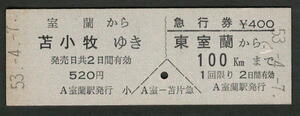 D型乗車券・急行券 室蘭から苫小牧（急行券は東室蘭から）昭和50年代（払戻券）