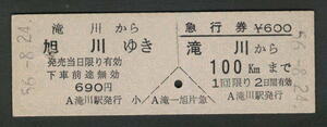 D型乗車券・急行券 滝川から旭川 昭和50年代（払戻券）