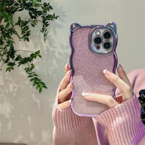 韓国デザインシンプルキラキラ iPhone15Promaxケース TPU 軽量 衝撃 カメラ保護　可愛い猫みみ付き　クリアケース