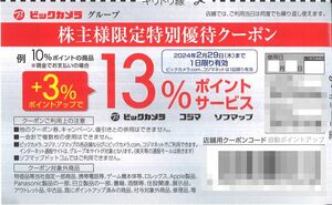 「ビックカメラ 株主優待」 特別優待クーポン(（例）10％ポイントの商品、3％ポイントアップで13％ポイントサービス) 期限2024年2月29日