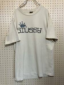 【L】80s old stussy print tee crown logo beige 80年代 オールド ステューシー Tシャツ 黒タグ クラウン ロゴ プリント ベージュ F278