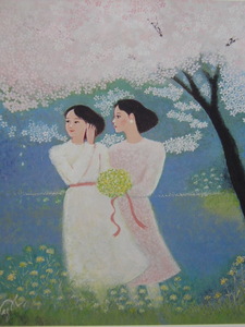 Art hand Auction Kazuko Hirabayashi, [Pensamientos de primavera], De un raro libro de arte enmarcado., Productos de belleza, Nuevo con marco, interior, primavera, Flores de cerezo, cuadro, pintura al óleo, retrato