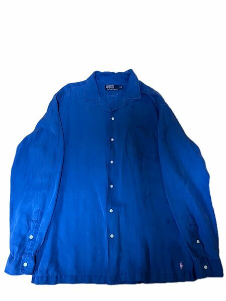 ポロ　 ラルフローレン　90年代　開襟ループシャツ　ボックスリネンコットン　ブルー　長袖　サイズM
