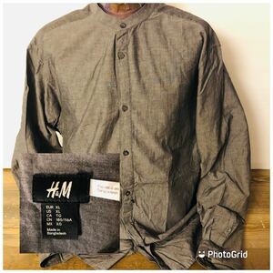 ビッグサイズ　エイチ&エム　H&M US XL ブラックシャンブレー　スタンドカラーシャツ