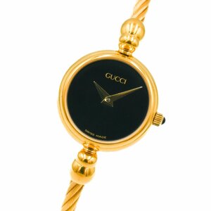 1円 稼働 箱付 GUCCI グッチ 2700.2.L ゴールド QZ クオーツ ブラック 黒文字盤 GP 腕時計 レディース バングル ラウンド 1263720240213