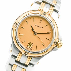 1円 稼働 GUCCI グッチ 9040L QZ クオーツ デイト ３針 ゴールド 金文字盤 SSベルト 腕時計 レディース ラウンド ブランド 1248020240130